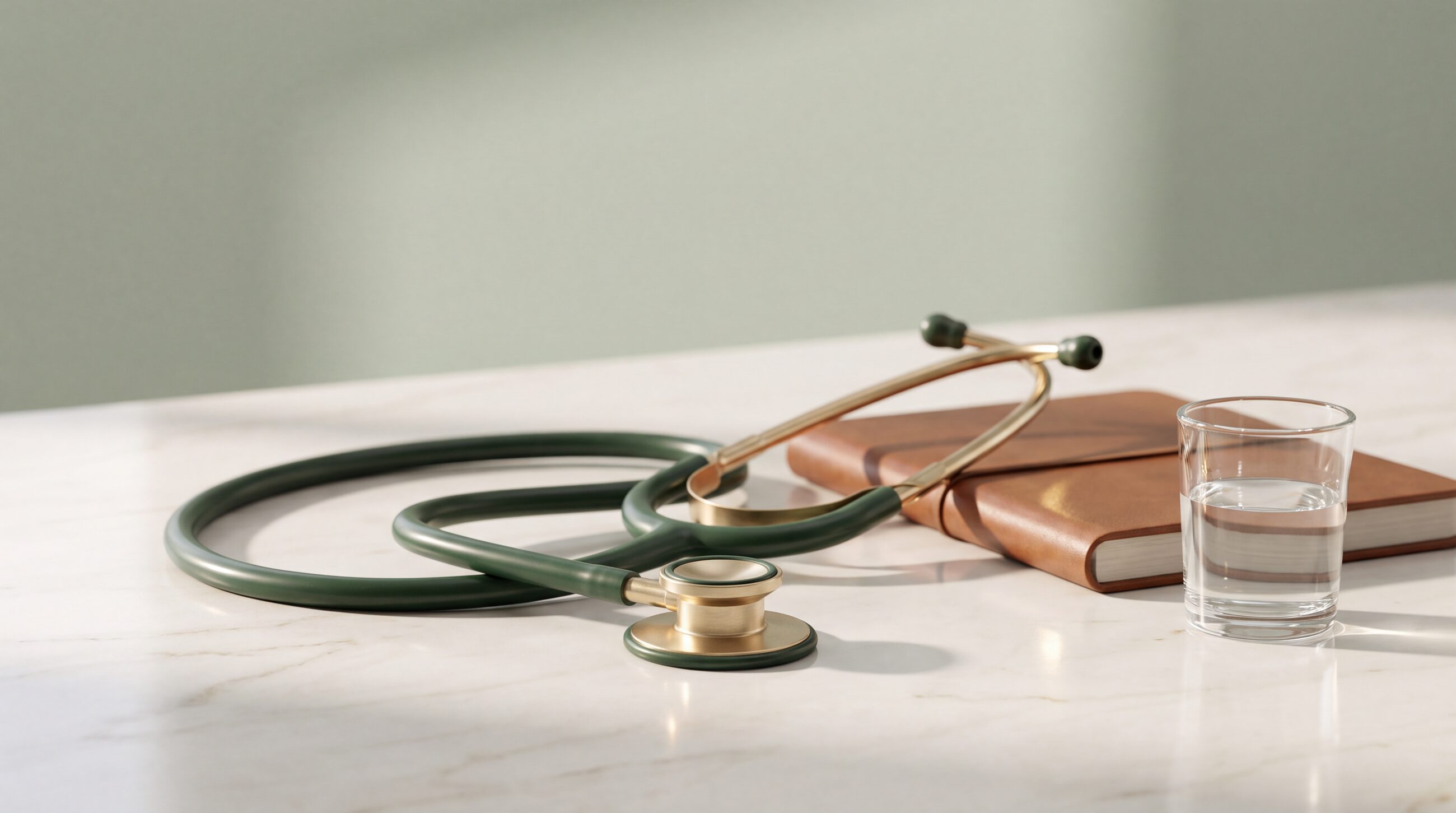 Stethoscope beside a leather notebook and a glass of water on a marble desk.