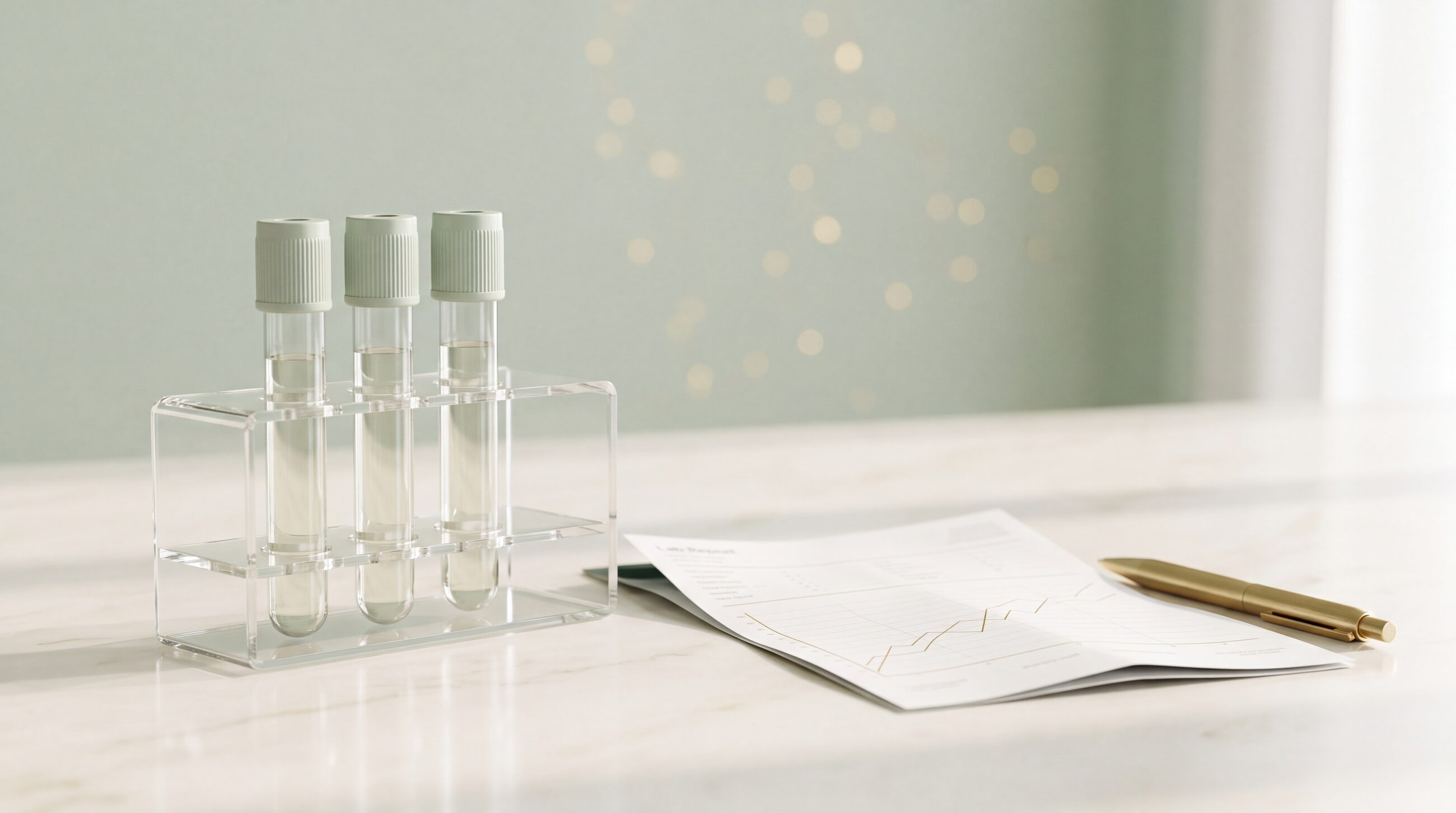 Three sample tubes in a clear rack beside a printed lab report and a pen.